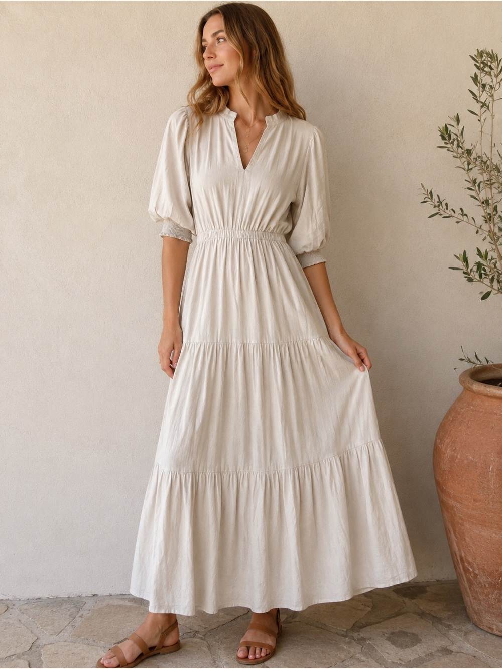 NWT Linen Blend Tiered Maxi Dress — V-Neck Smocked Waist and sleeves